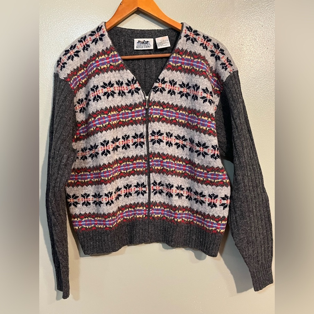 Northern Reflection VTG 100% Wool Women's Multicolor Patterned Sweater Zip L